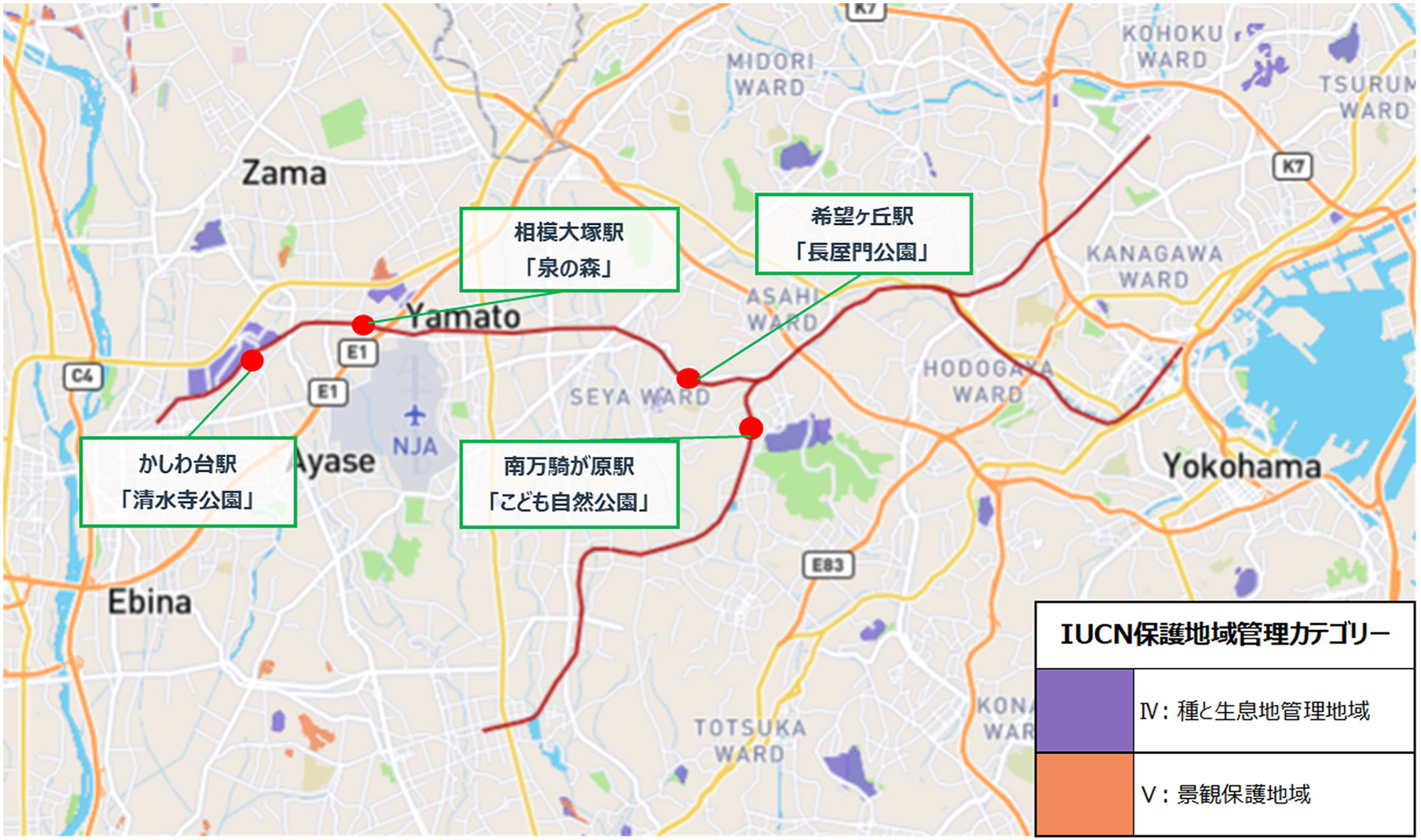 相鉄グループ鉄道沿線と保護区の所在関係